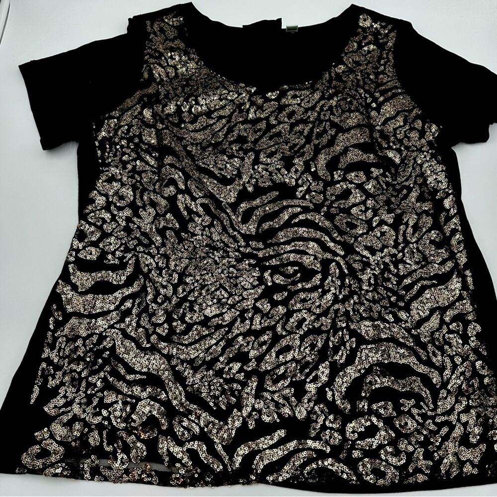 Bob Mackie Top Women's Black Gold Sequin Front Short Sleeve Wearable Art - L